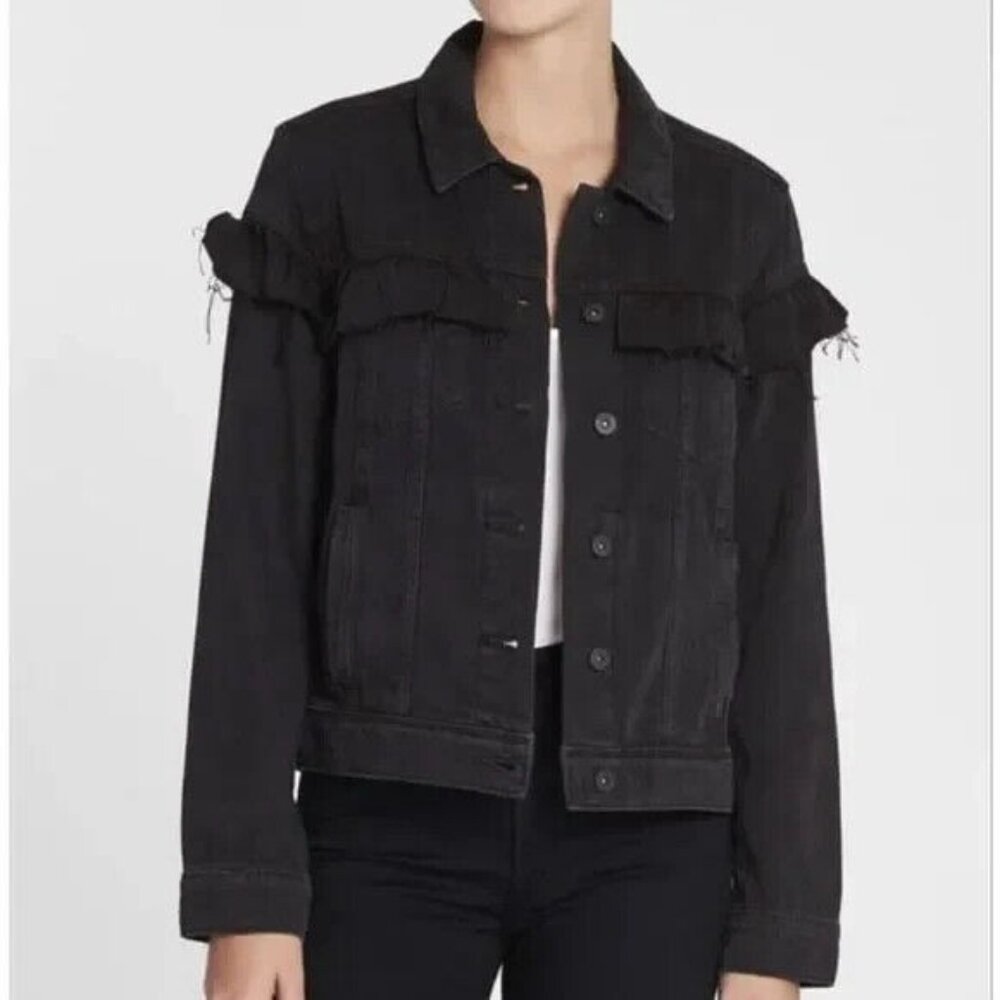 Paige Heidi Black Distressed Denim Ruffle Jean Jacket, Size XS